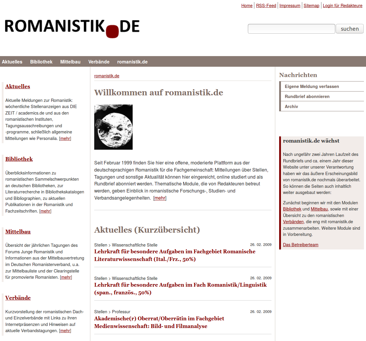 romanistik.de im Jahre 2009. Quelle: Internet Archive, URL: https://web.archive.org/web/20090228110847/http://www.romanistik.de/